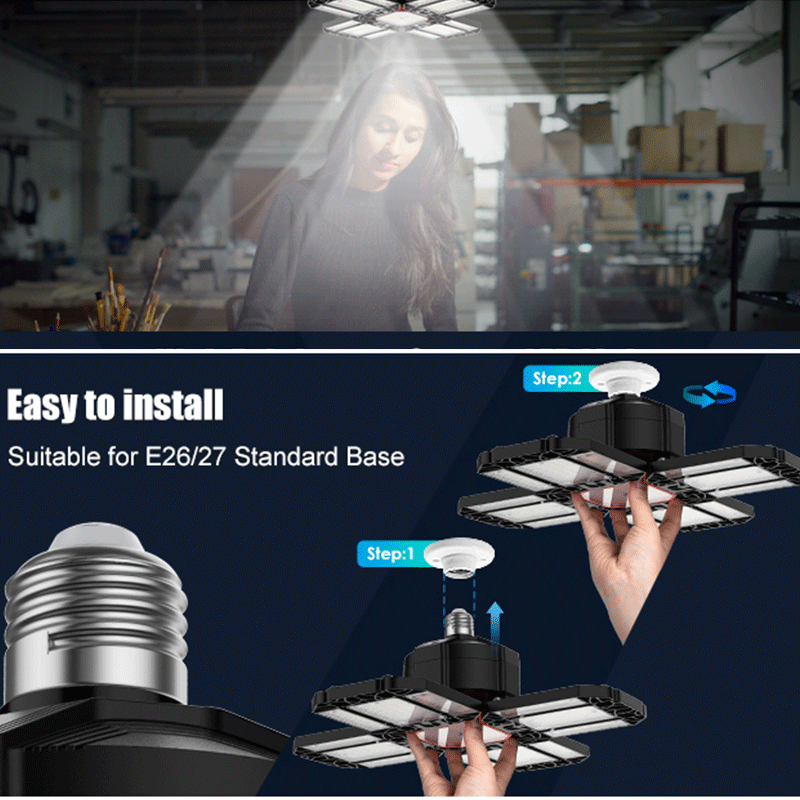 200W LED Garage Lights 2-Pack - 20000LM 6500K Deformable Ceiling Lighting Fixture with 12 Adjustable Panels